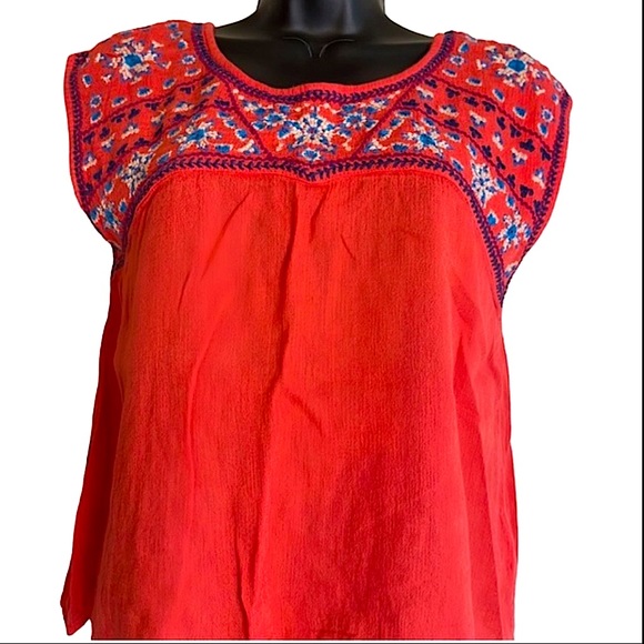 American Eagle Outfitters Top Embroidered Red Gauze Short Sleeve Summer Size XS - Picture 14 of 15